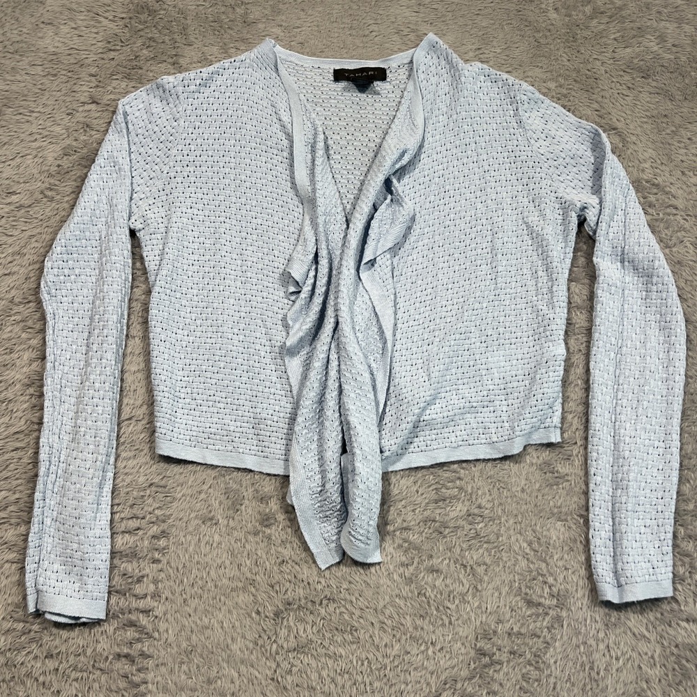 Tahari Cardigan Shrug Linen Blend Ruffle Front Pointelle Knit Blue Womens Medium
